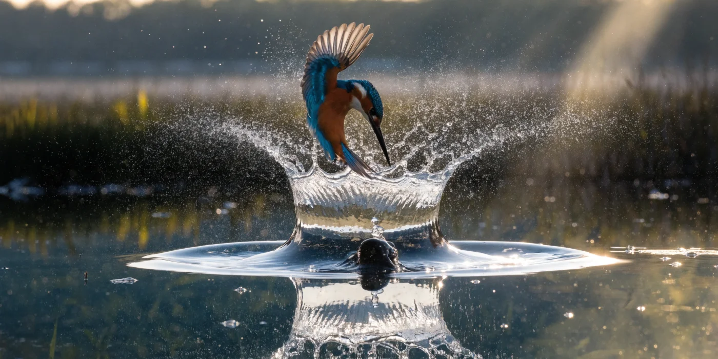 Recraft V4 Pro image of a kingfisher diving into a pond with detailed feathers and a circular water splash