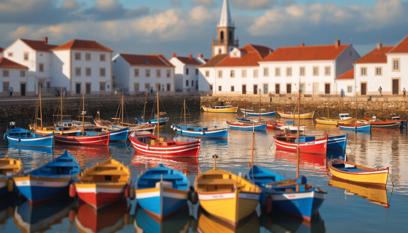 Recraft V4 image of colorful fishing boats and white houses in a sunlit Portuguese harbor